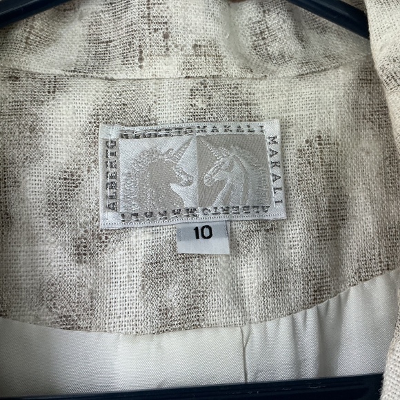 Alberto Makali Size 10 Cream Tan Linen Jacket Blazer Abstract Print USA Made - Picture 7 of 14